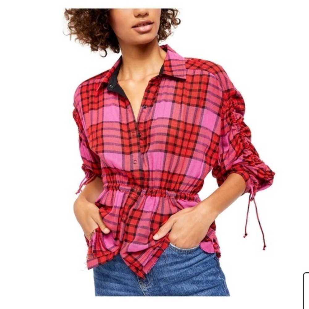 New We The Free People Red Plaid Combo Boho Gathered Peplum Top NWT - Picture 1 of 16